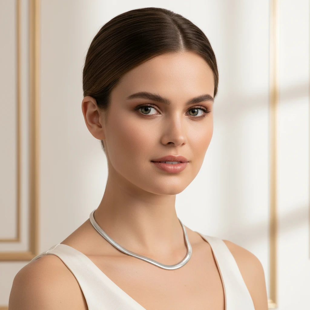 55cm Thick Herringbone Necklace - White Rhodium Plated