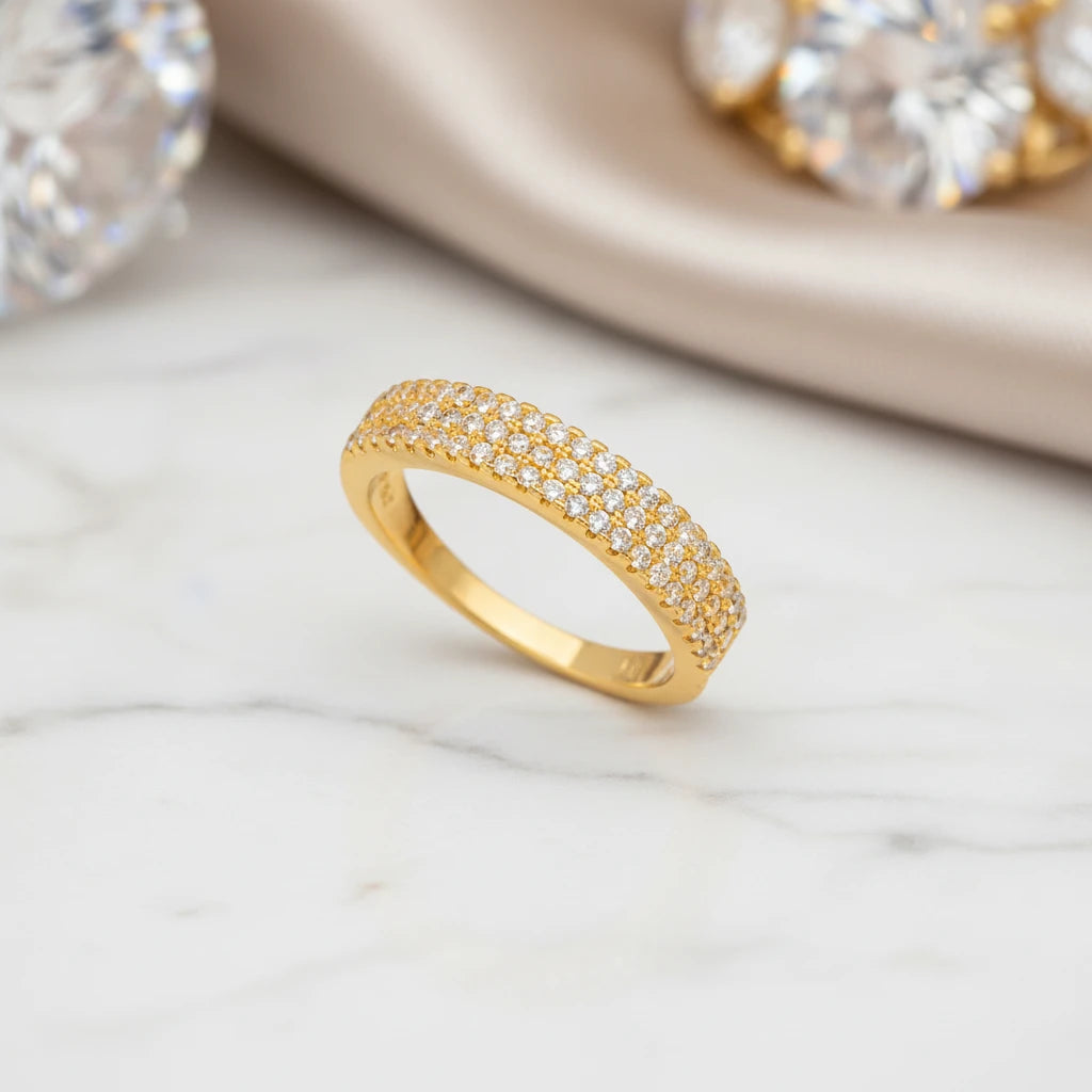 Zirconia Studded 3 Rows Band Ring - 18K Gold Plated Ring
