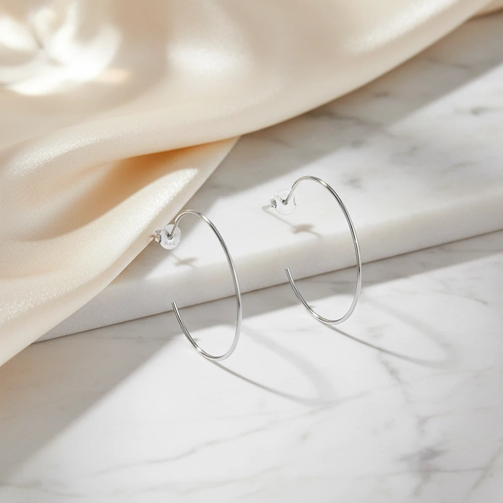 Thin Hoops 4cm Earrings - White Rhodium Plated