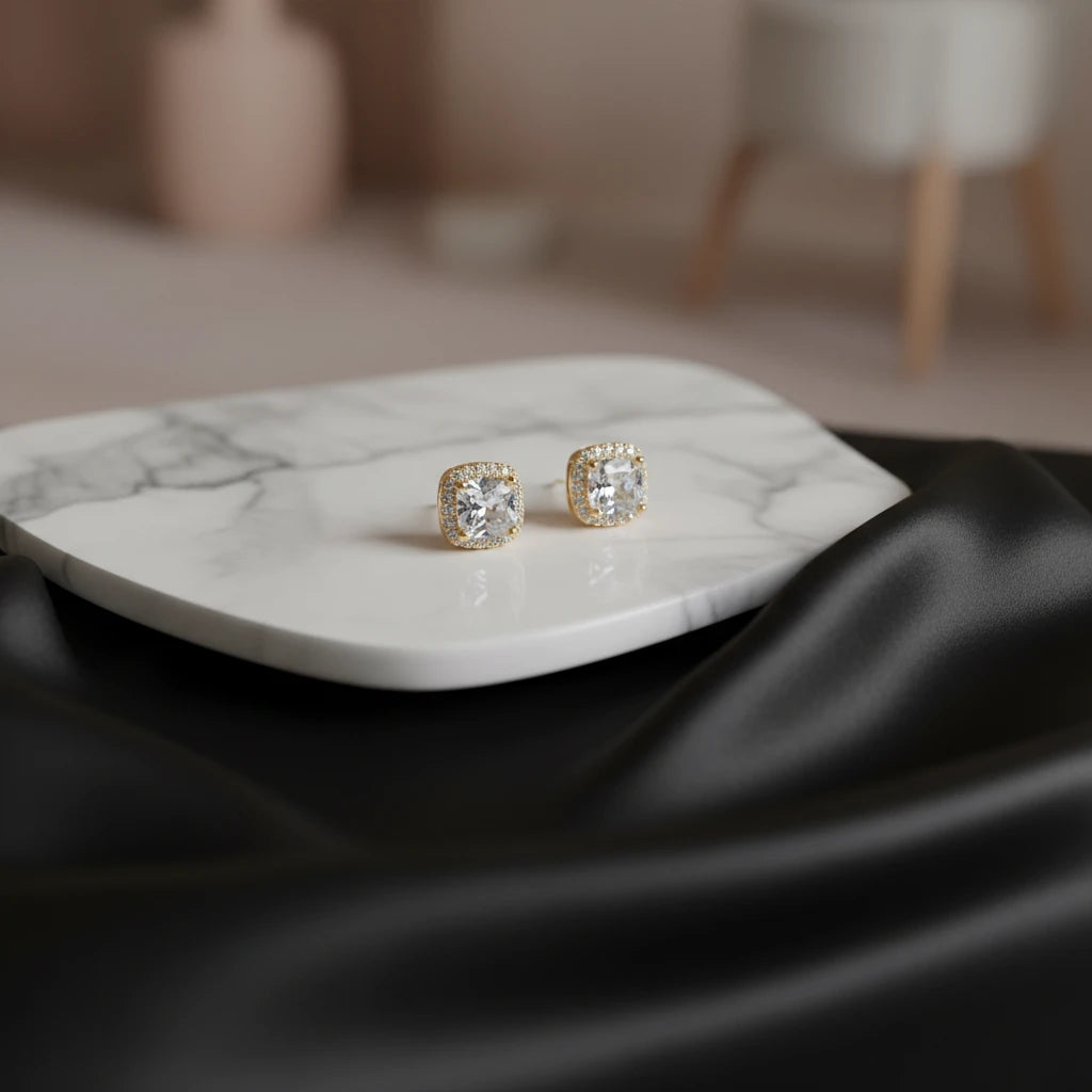 Square Halo Zirconia Stud Earrings - 18K Gold Plated