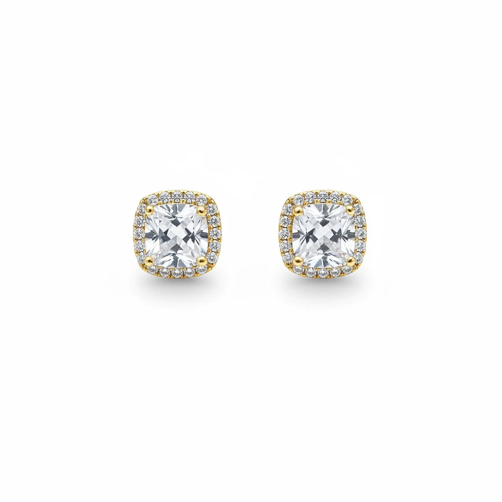 Square Halo Zirconia Stud Earrings - 18K Gold Plated