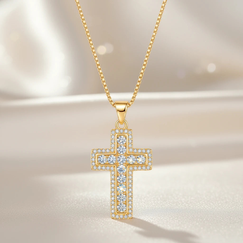 Religious Cross Studded Zirconia Pendant Necklace - 18K Gold Plated