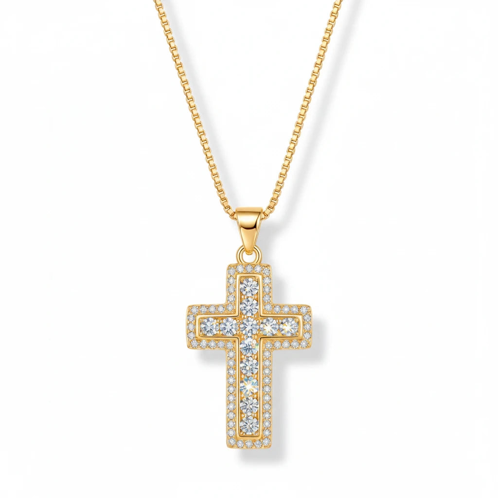 Religious Cross Studded Zirconia Pendant Necklace - 18K Gold Plated