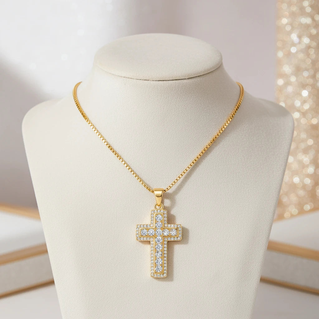 Religious Cross Studded Zirconia Pendant Necklace - 18K Gold Plated