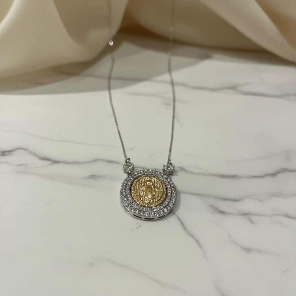 Our Lady Studded Zirconia Necklace - White Rhodium and 18k Gold Plated