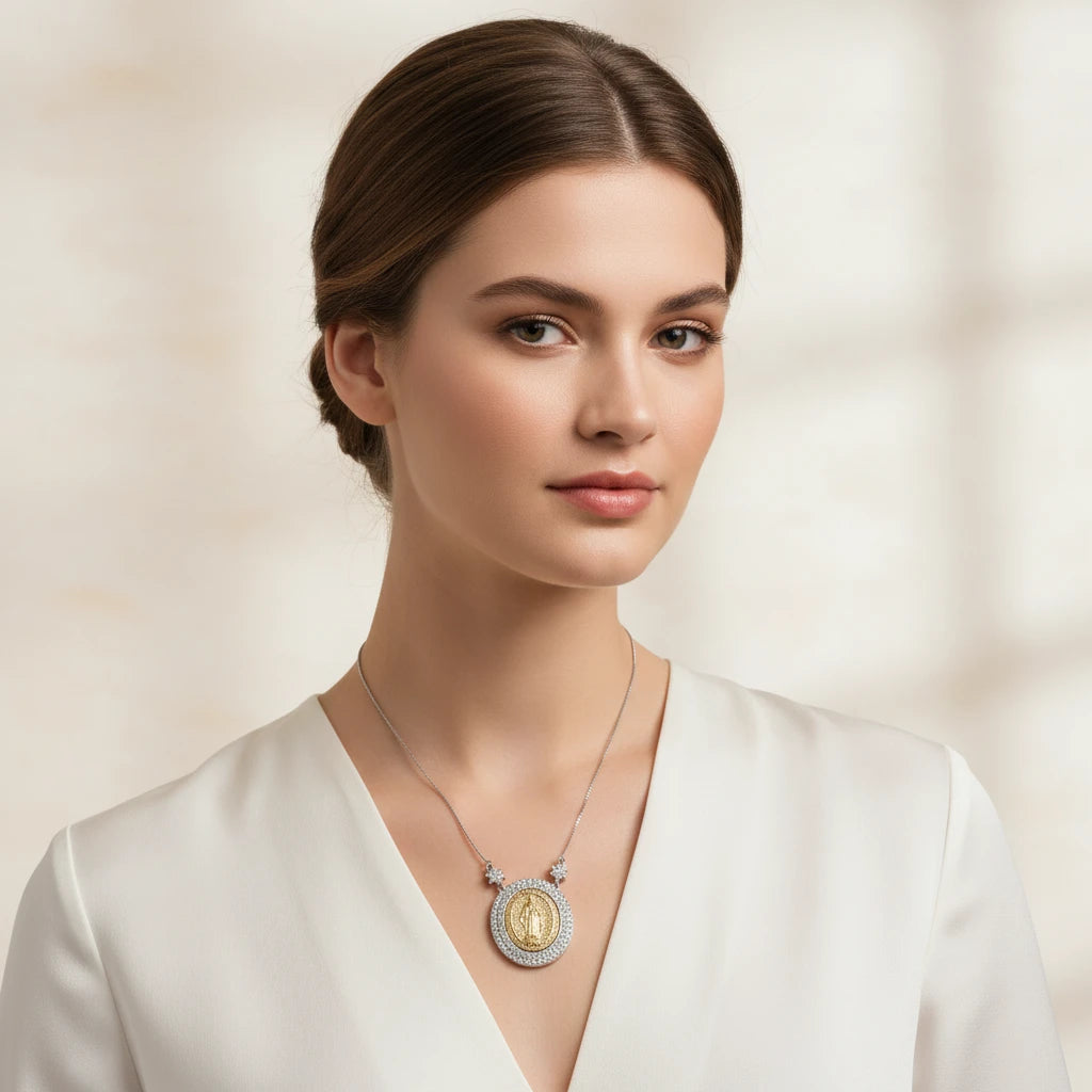 Our Lady Studded Zirconia Necklace - White Rhodium and 18k Gold Plated