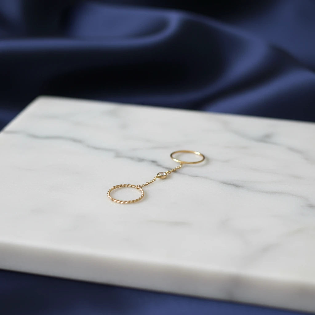 Double Ring with Chain and Cubic Zirconia - 18K Gold Plated