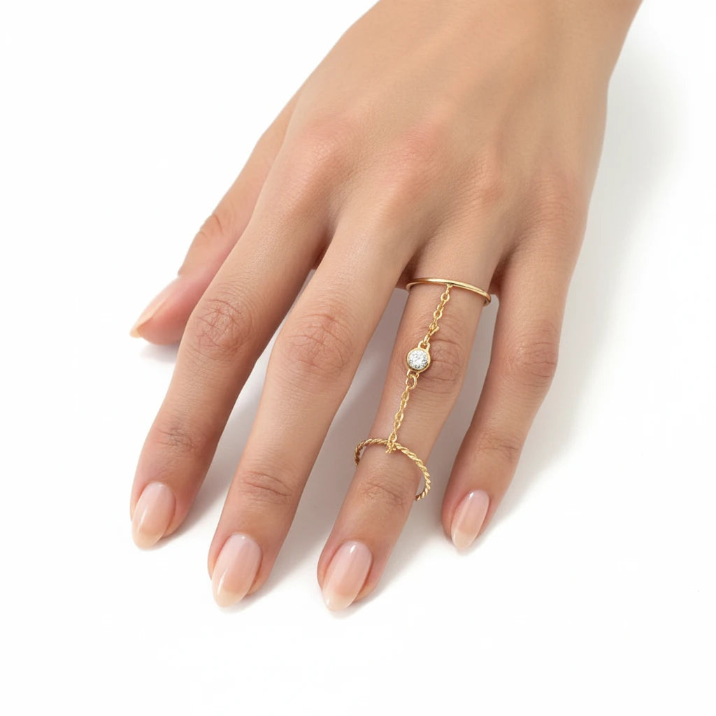 Double Ring with Chain and Cubic Zirconia - 18K Gold Plated