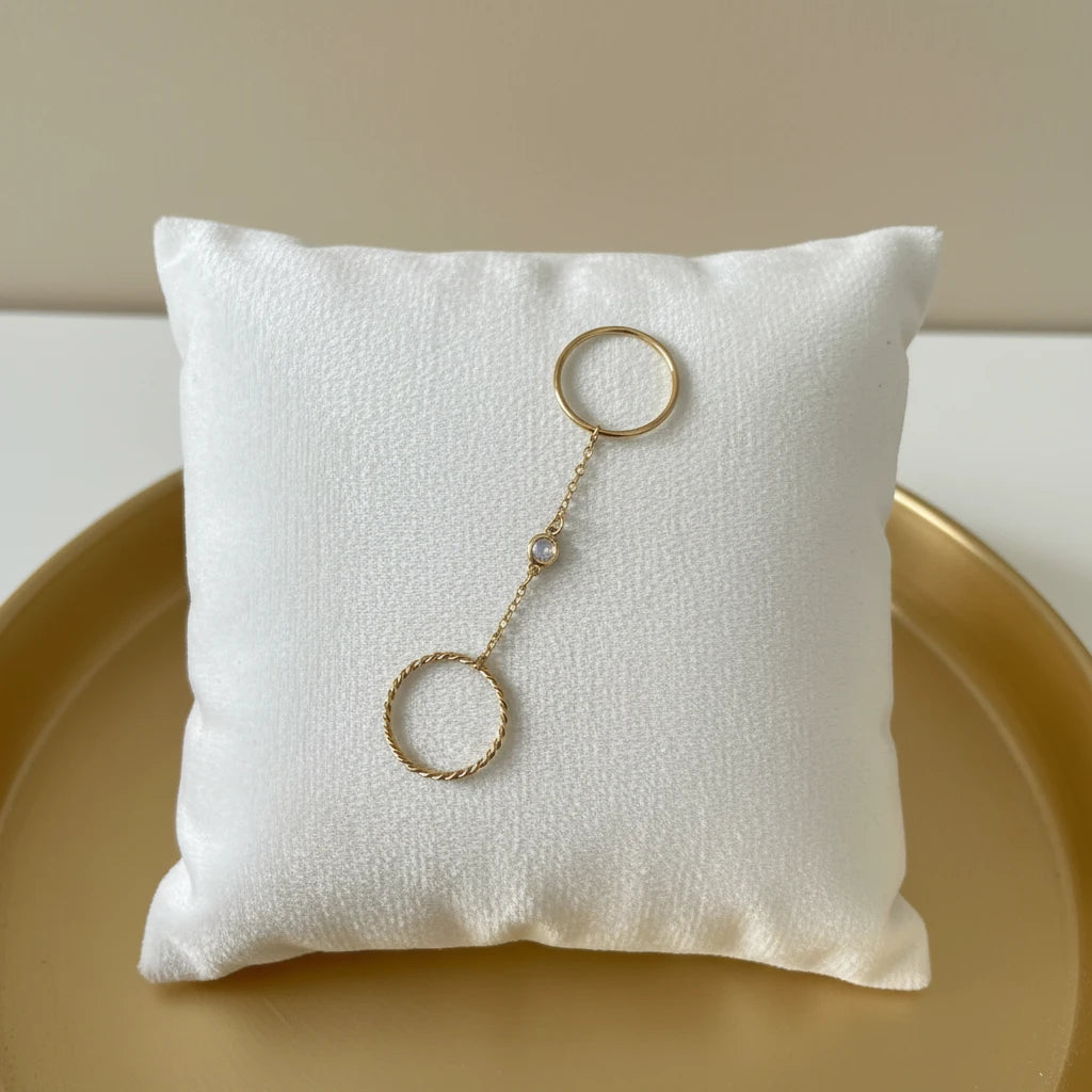 Double Ring with Chain and Cubic Zirconia - 18K Gold Plated