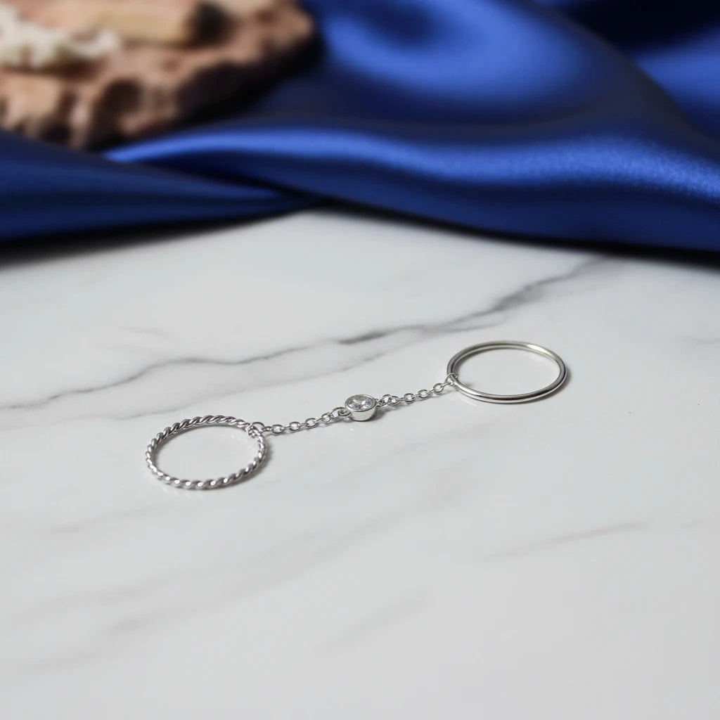 Double Ring with Chain and Cubic Zirconia - White Rhodium Plated