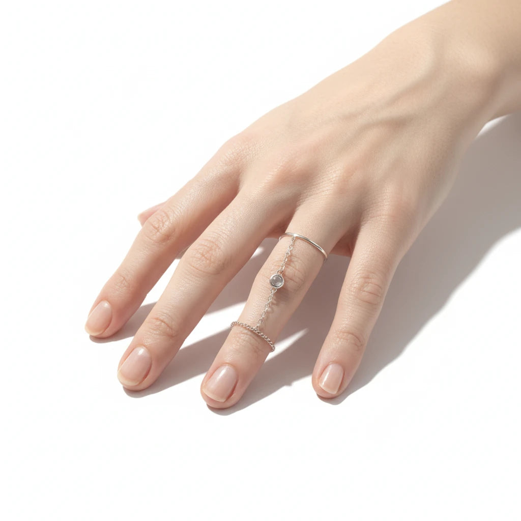 Double Ring with Chain and Cubic Zirconia - White Rhodium Plated