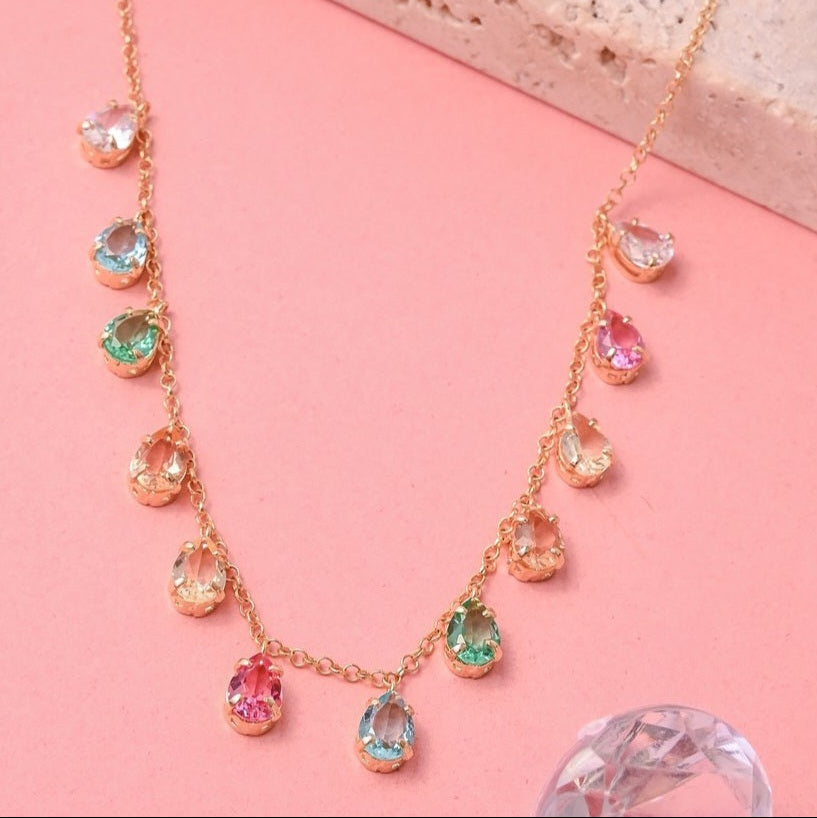 18K Gold Plated Cable Color Stone Teardrop Necklace