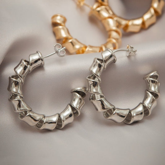 White Rhodium Plated Hoop Twisted Earrings