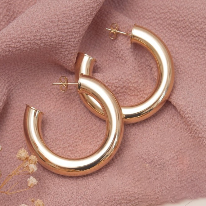 18K Gold Plated 3cm Thick Hoops 7.5mm Earrings