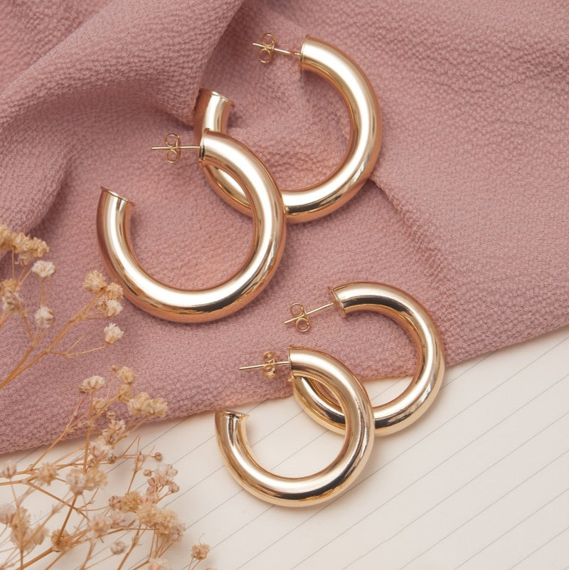 18K Gold Plated 3cm Thick Hoops 7.5mm Earrings