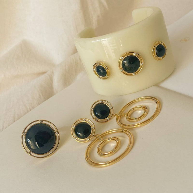 18K Gold Plated Chandelier Onyx Circular Hoops Micro Zirconia Earrings