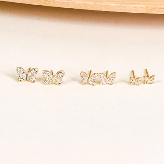 18K Gold Plated Trio Butterfly Studded Zirconia Earrings
