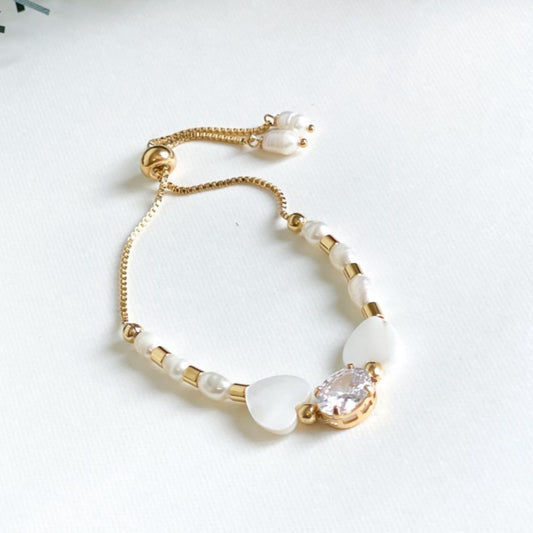 18K Gold Plated Adjustable Heart shape Mother Pearl Round Zirconia Bracelet