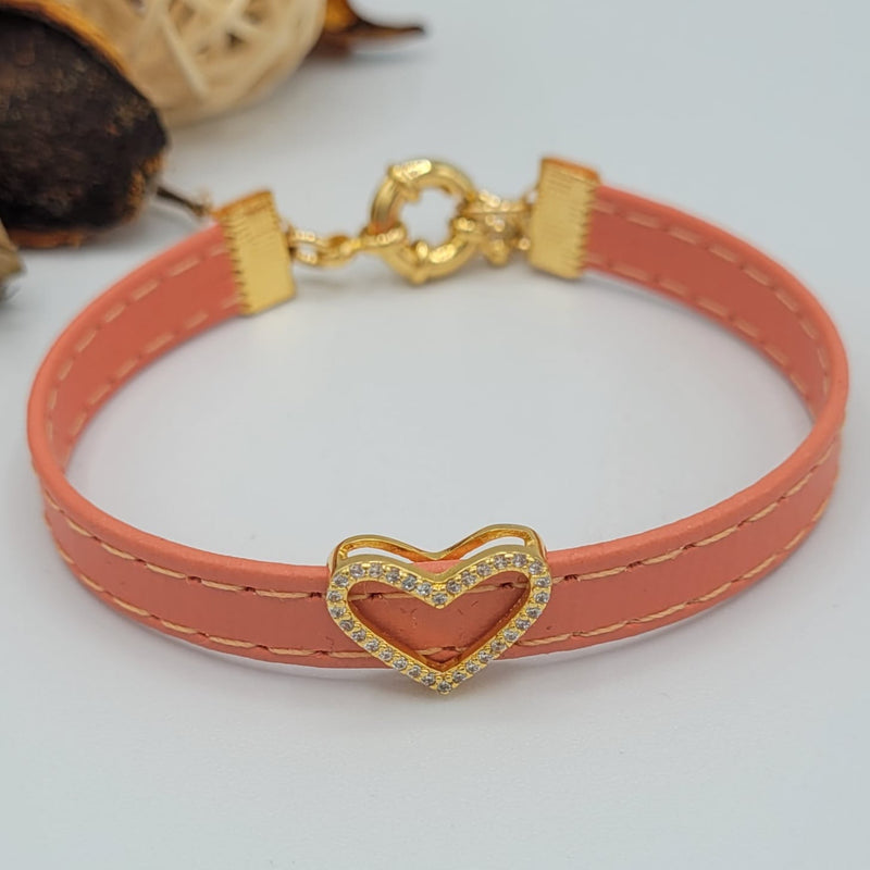 18K Gold Plated Pink Leather Studded Hearth Zirconia Bracelet