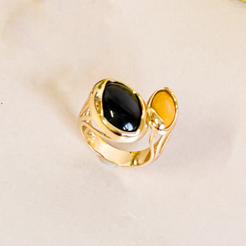 18K Gold Plated Ocher and Black Stones Ring