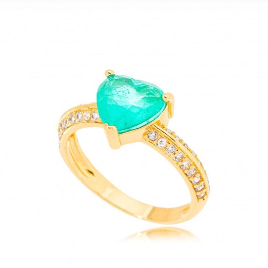 18K Gold Plated Green Tourmaline Heart Double Studded Zirconia Ring
