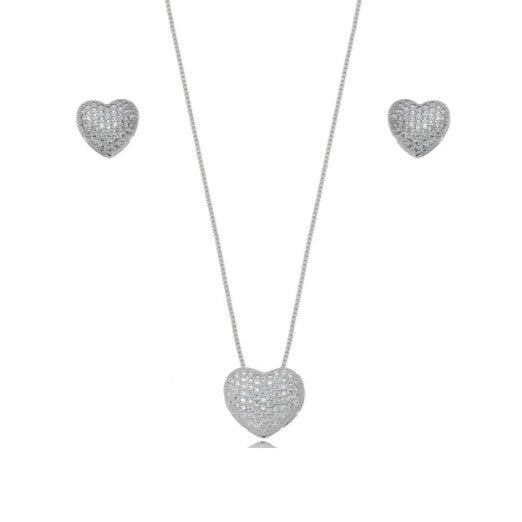 White Rhodium Plated Studded Zirconia Heart Shape Set