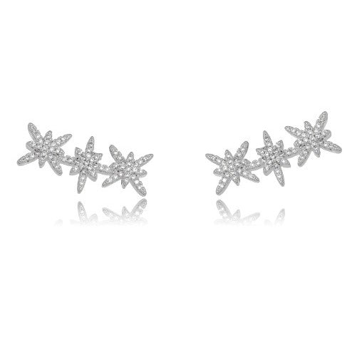 White Rhodium Plated Studded Zirconia Triple Star Earrings