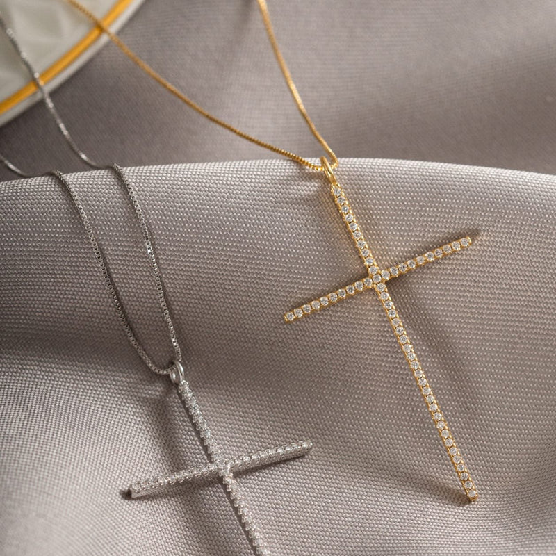 18K Gold Plated Religious Cross Studded Zirconia Pendant Necklace