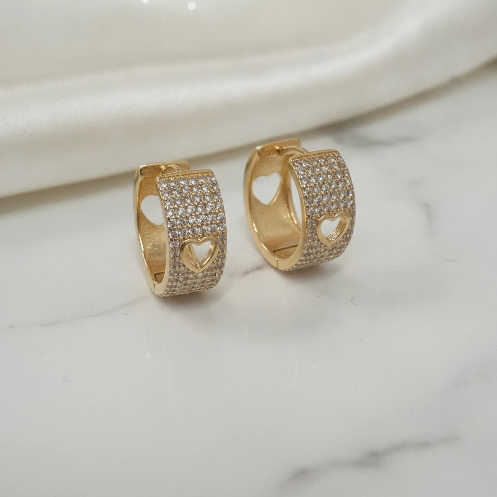 Studded Zirconia Hoops with Heart Earrings - 18K Gold Plated