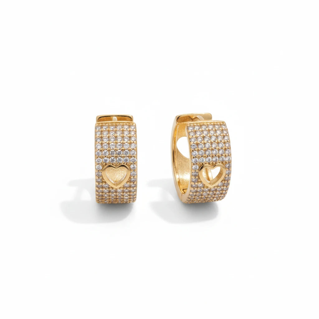 Studded Zirconia Hoops with Heart Earrings - 18K Gold Plated