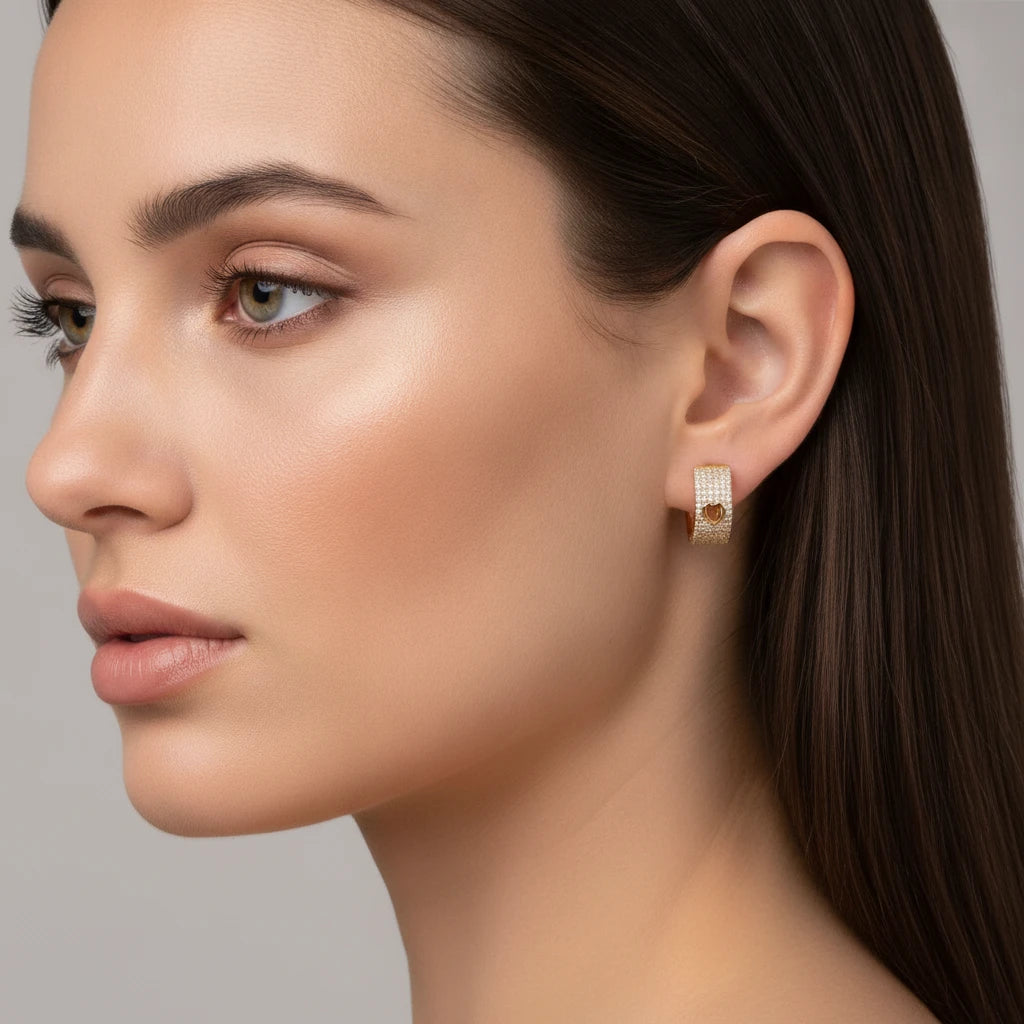 Studded Zirconia Hoops with Heart Earrings - 18K Gold Plated