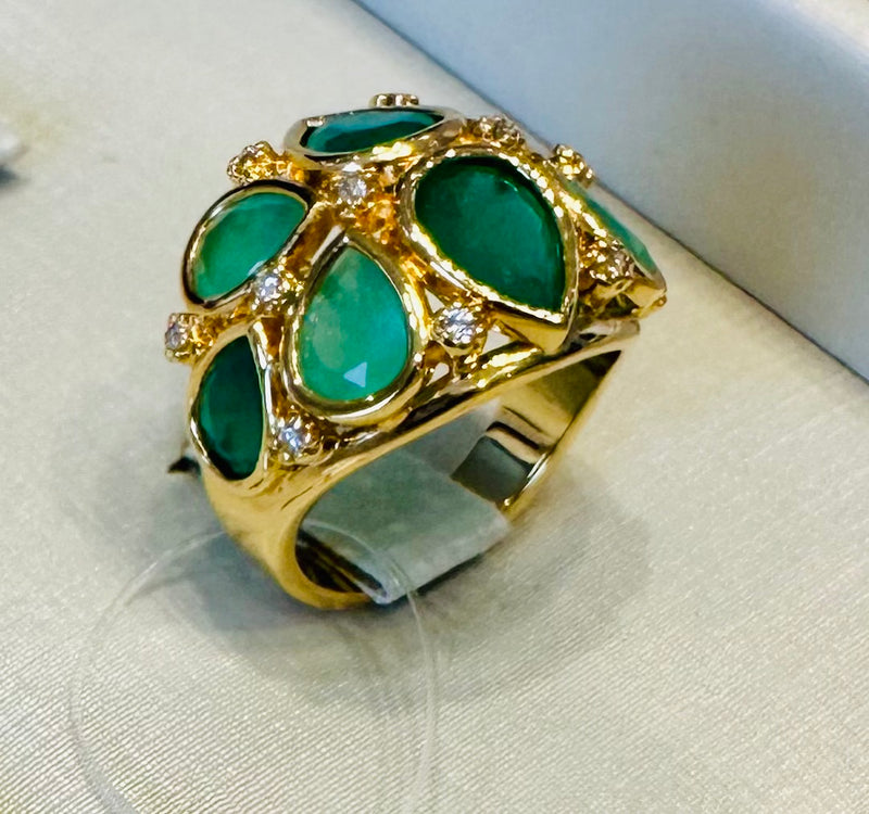 18K Gold Plated Two Teardrops Rows Matte Colombian Emerald, Matte Green Paraiba, Zirconia Ring