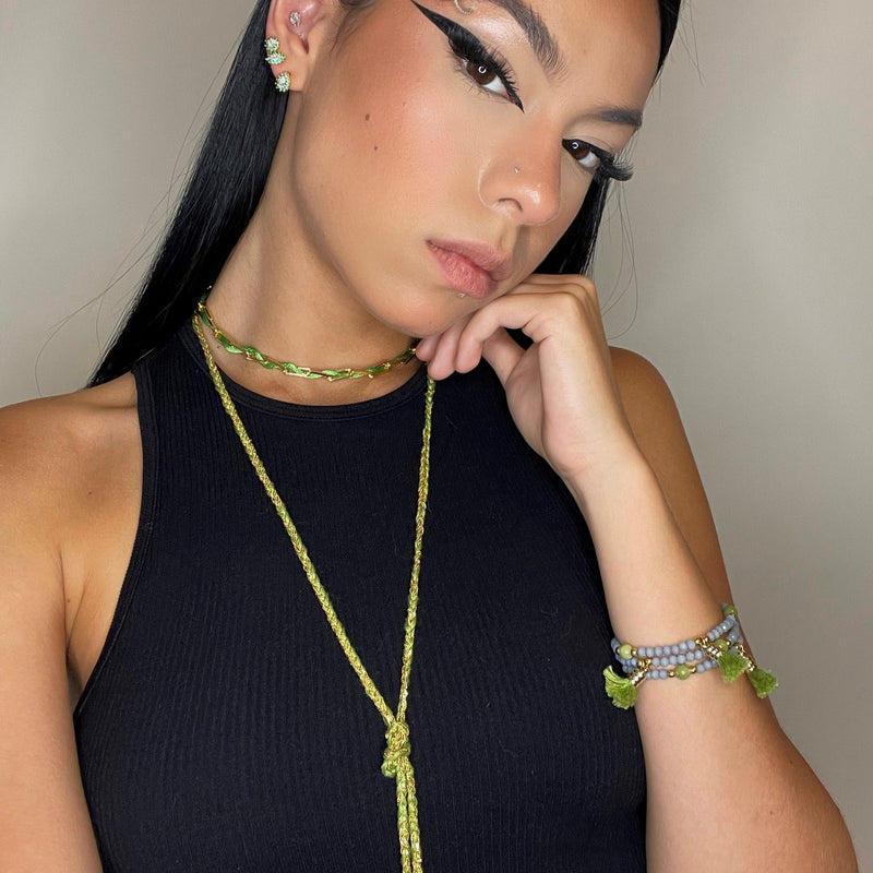 18K Gold Plated Long Braid and Color Line Necklace