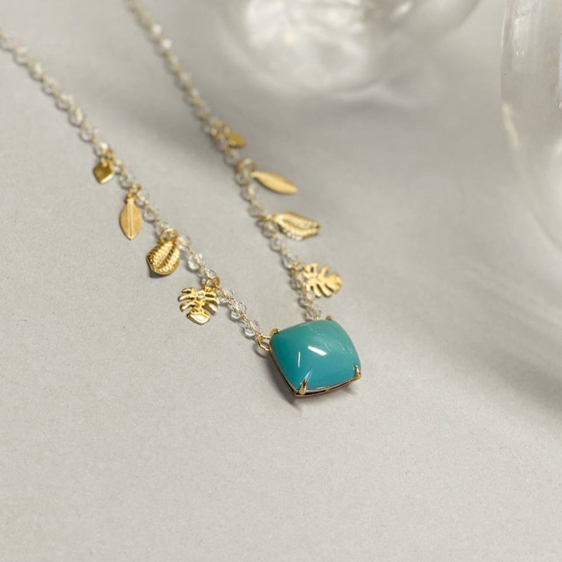 18K Gold Plated Leaves Crystals Square Stone Necklace