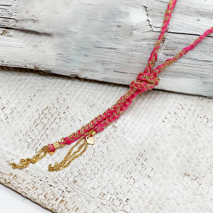 18K Gold Plated Long Braid and Color Line Necklace