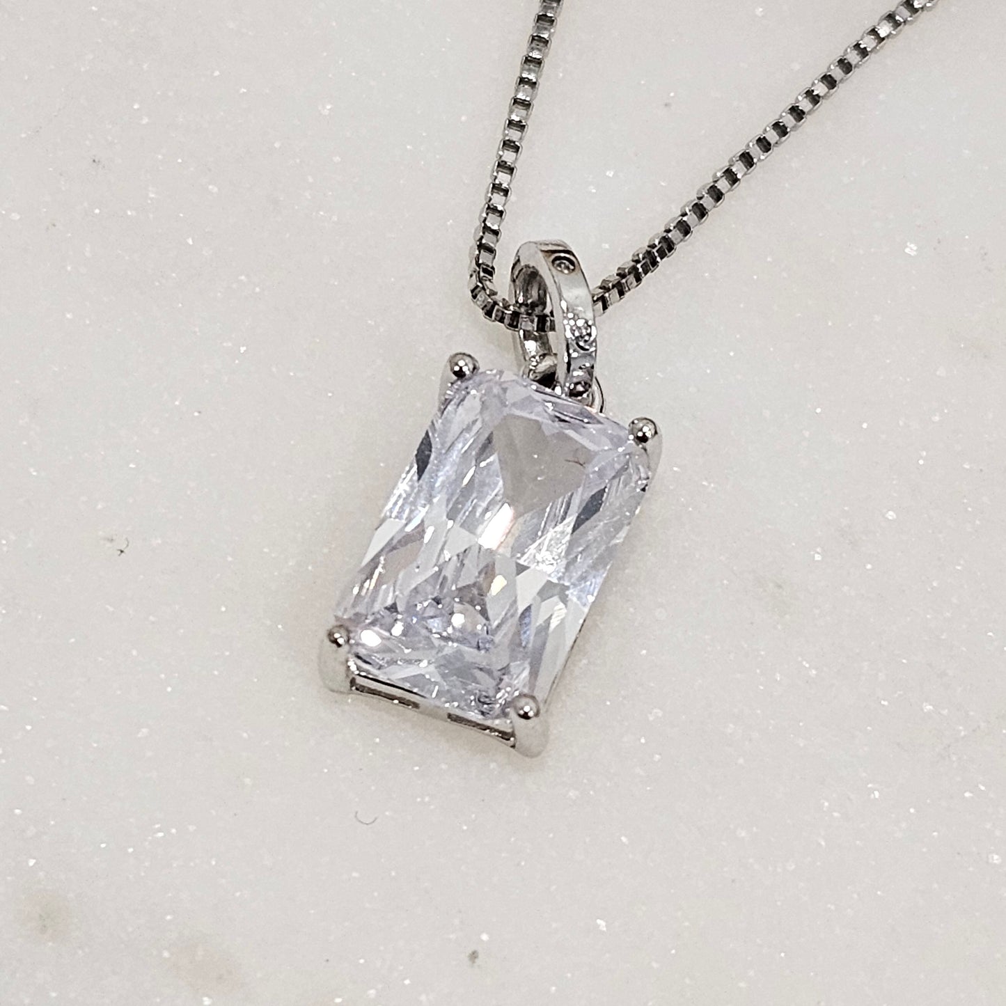 White Rhodium Plated Box Chain Crystal Pendant Necklace