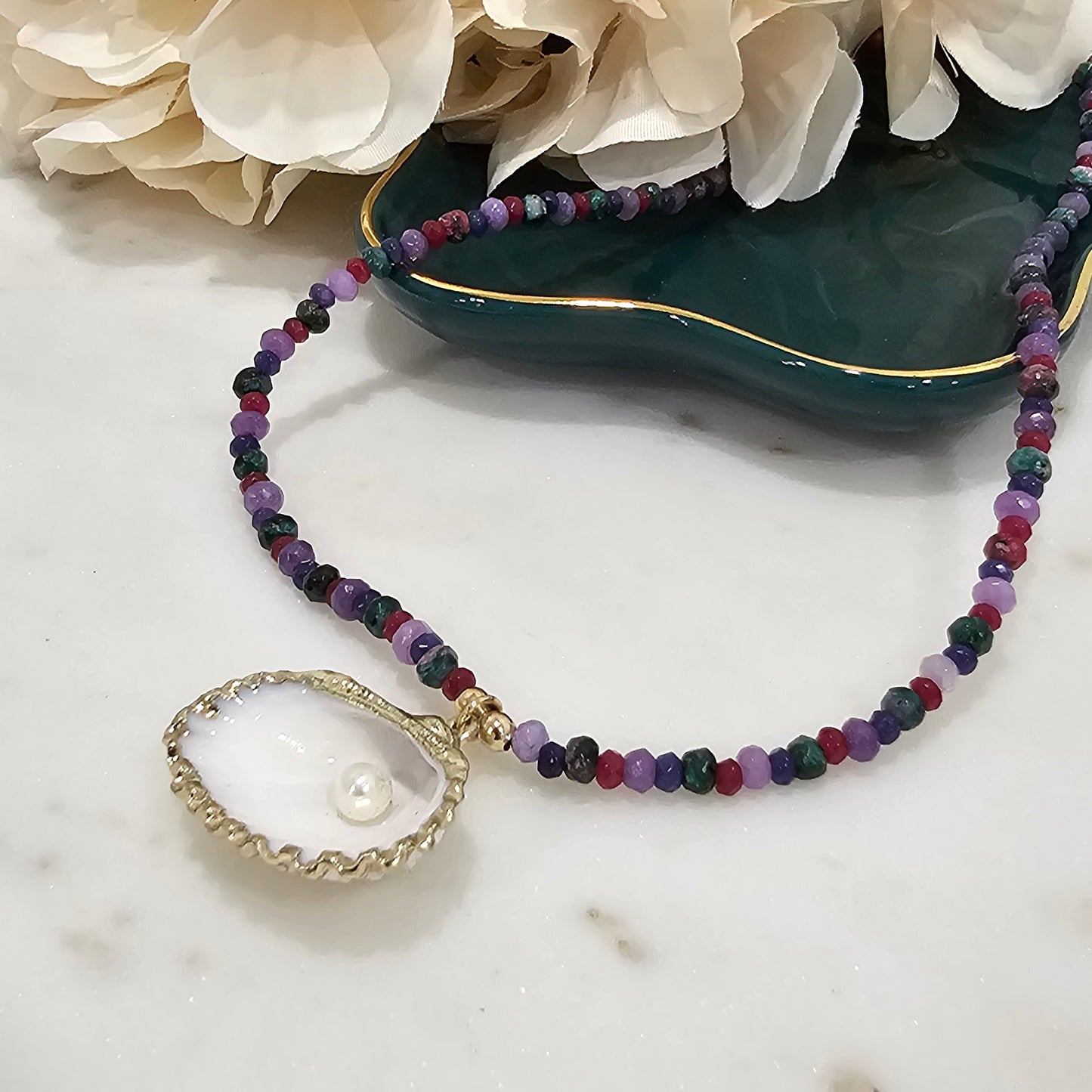 18K Gold Plated Whelk Amethist Jade Shell Pendant Necklace